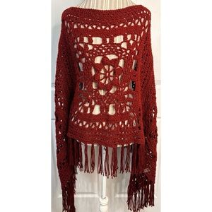 Hand Crochet Burgundy Granny Square Mohair Blend Fringe Poncho